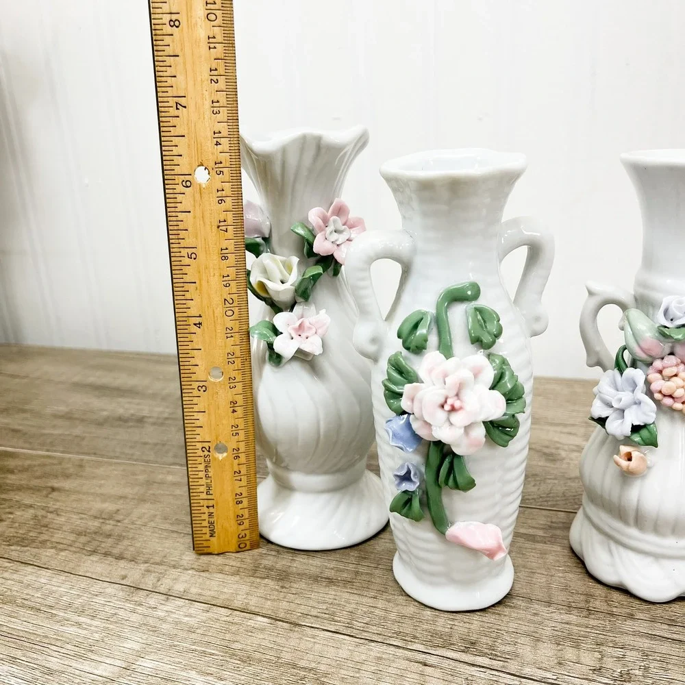 Vintage White Porcelain Miniature Bud Vases Set of 3 Applied 3D Floral Accents